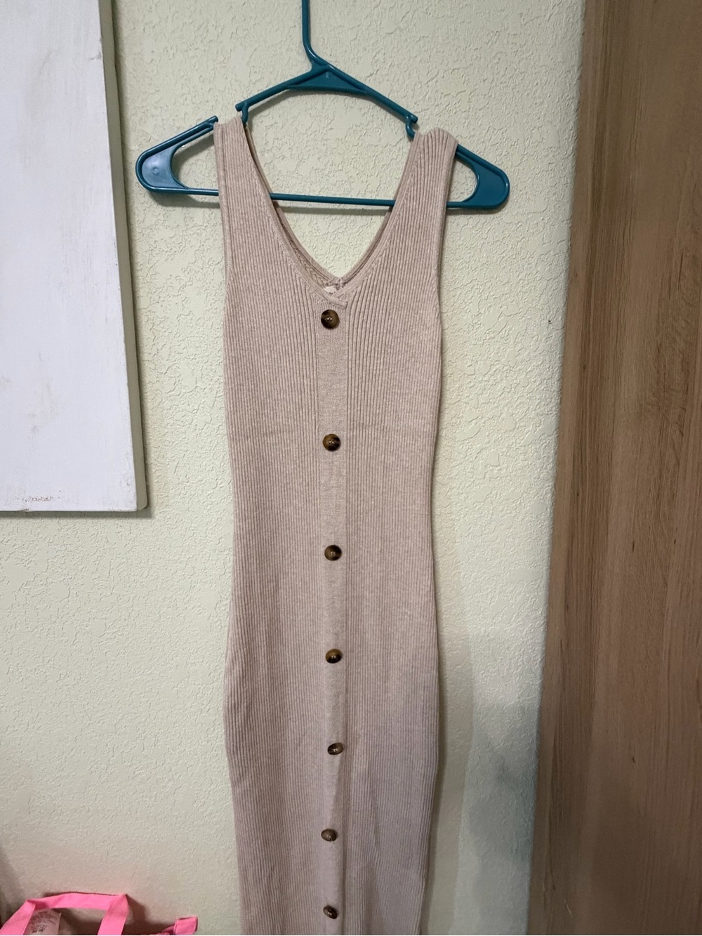 Hippie Rose Beige Ribbed Button-Front Maxi Dress